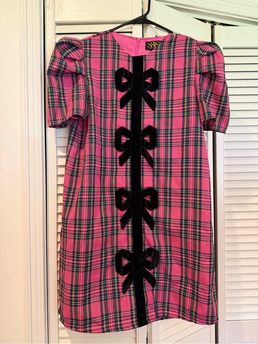 Pink Plaid Bow-Front Shift Dress